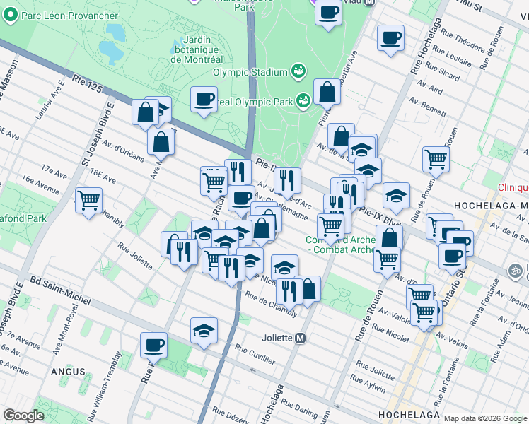 map of restaurants, bars, coffee shops, grocery stores, and more near 2761 Avenue d'Orléans in Montréal