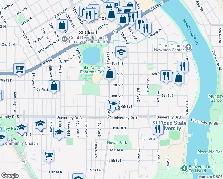 map of restaurants, bars, coffee shops, grocery stores, and more near 712 9th Avenue South in St. Cloud