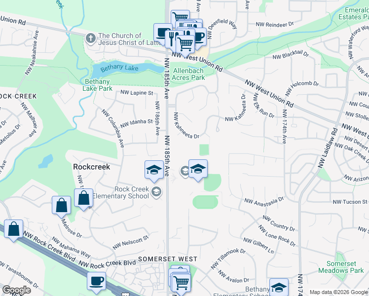 map of restaurants, bars, coffee shops, grocery stores, and more near 4470 Northwest 185th Avenue in Portland