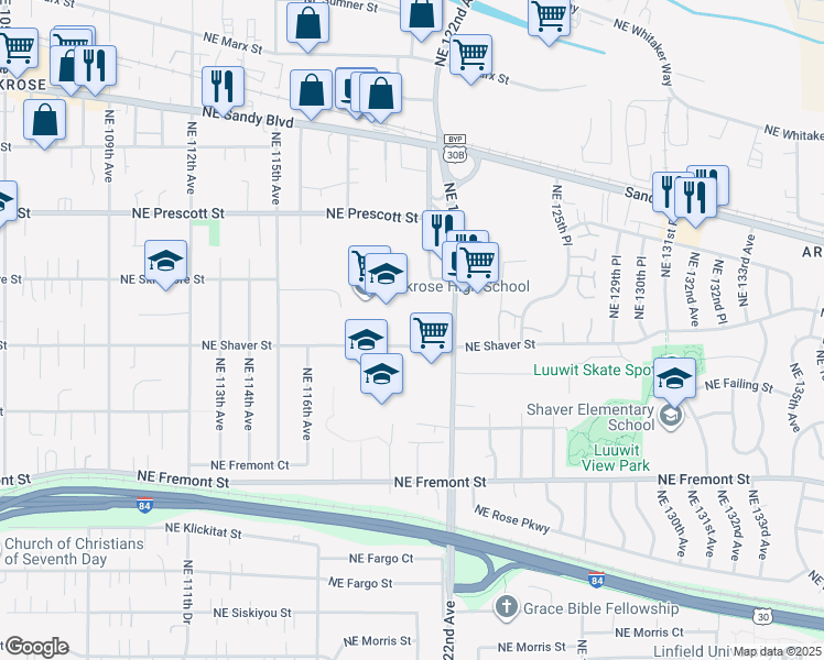 map of restaurants, bars, coffee shops, grocery stores, and more near 12003 Northeast Shaver Street in Portland