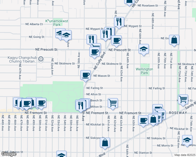 map of restaurants, bars, coffee shops, grocery stores, and more near 5901 Northeast Shaver Street in Portland