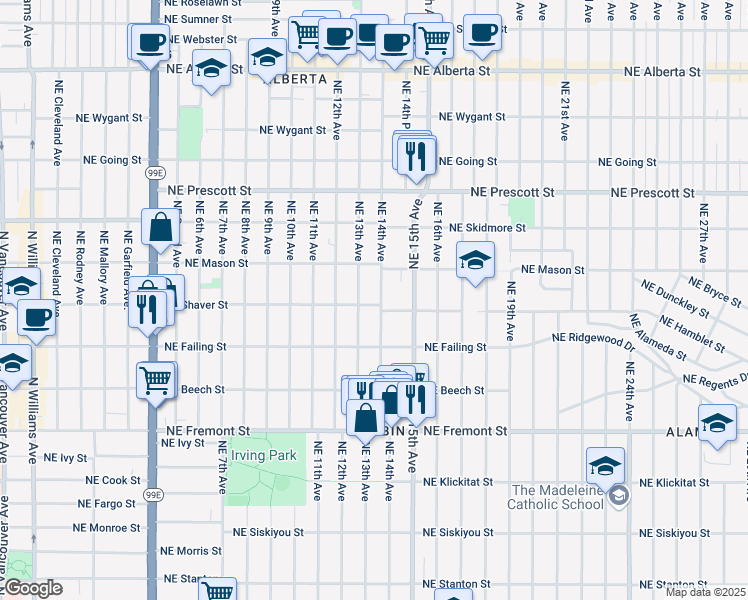 map of restaurants, bars, coffee shops, grocery stores, and more near 3973 Northeast 14th Avenue in Portland