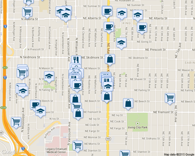 map of restaurants, bars, coffee shops, grocery stores, and more near 3975 Northeast Mallory Avenue in Portland