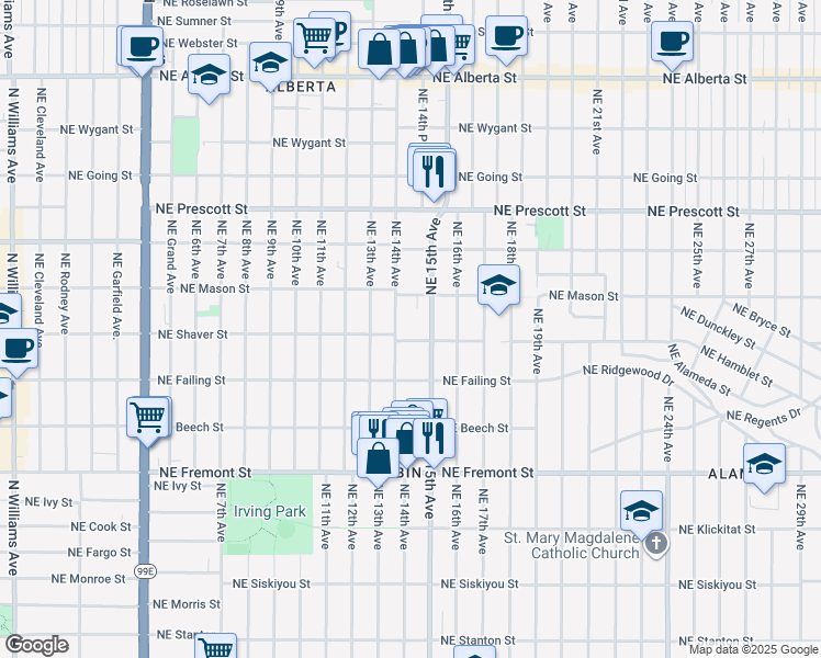 map of restaurants, bars, coffee shops, grocery stores, and more near 1431 Northeast Shaver Street in Portland