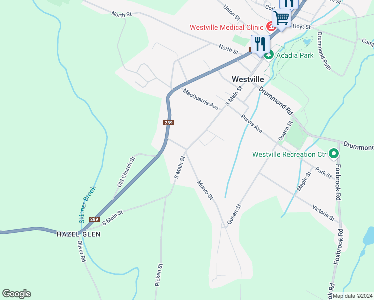map of restaurants, bars, coffee shops, grocery stores, and more near South Main Street in Westville