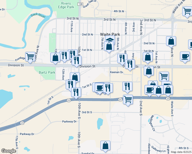 map of restaurants, bars, coffee shops, grocery stores, and more near 815 1st Street South in Waite Park