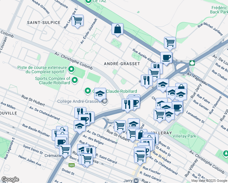 map of restaurants, bars, coffee shops, grocery stores, and more near 8540 Rue Raymond Pelletier in Montreal