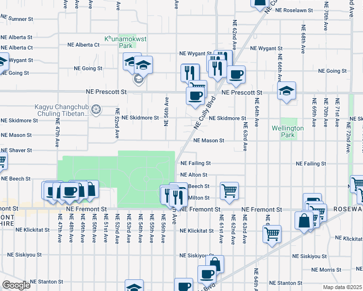 map of restaurants, bars, coffee shops, grocery stores, and more near 4029 Northeast Cully Boulevard in Portland