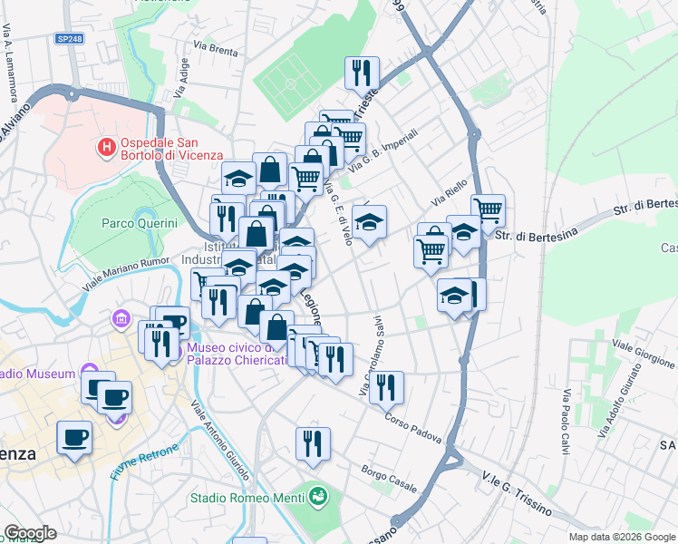 map of restaurants, bars, coffee shops, grocery stores, and more near 16 Via Marcello Fogolino in Vicenza