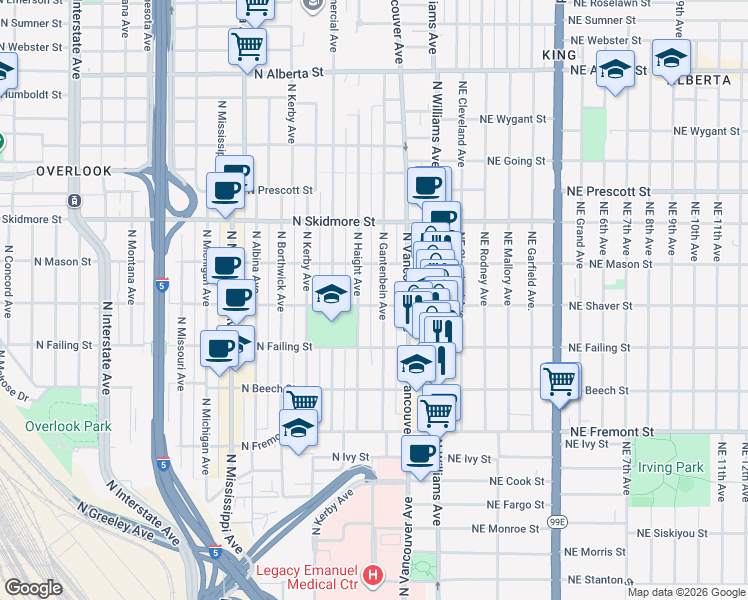 map of restaurants, bars, coffee shops, grocery stores, and more near 317 North Shaver Street in Portland