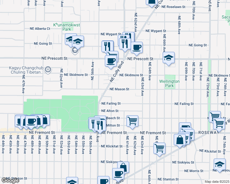 map of restaurants, bars, coffee shops, grocery stores, and more near 5882 Northeast Mason Street in Portland