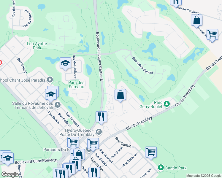 map of restaurants, bars, coffee shops, grocery stores, and more near 1906 Rue des Prunelliers in Longueuil