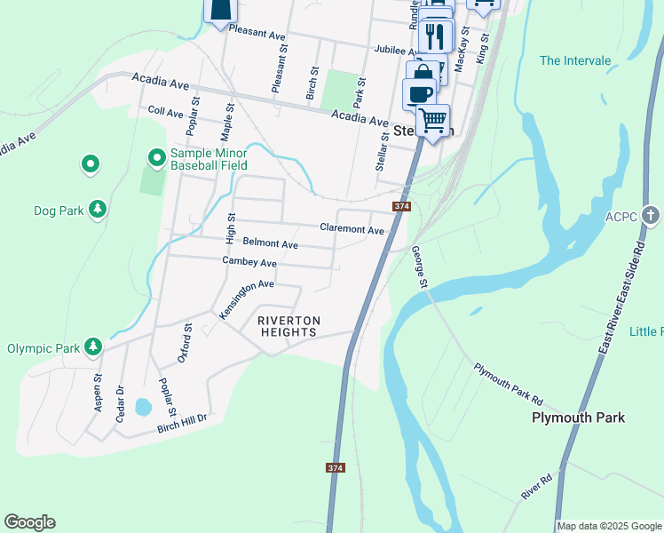 map of restaurants, bars, coffee shops, grocery stores, and more near 107 Belmont Street in Stellarton