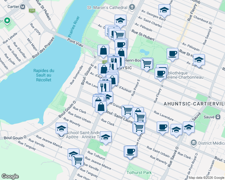 map of restaurants, bars, coffee shops, grocery stores, and more near 222 Boulevard Henri-Bourassa Est in Montréal