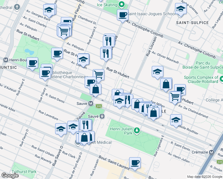 map of restaurants, bars, coffee shops, grocery stores, and more near 9603 Rue Foucher in Montréal