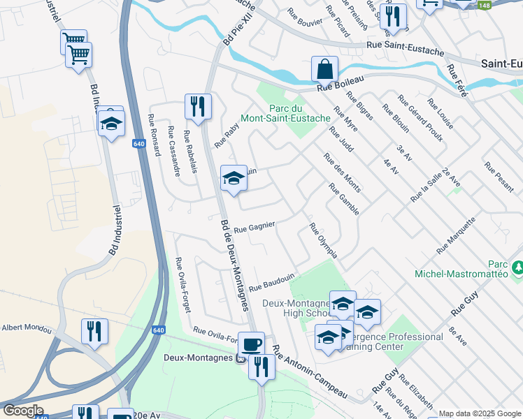 map of restaurants, bars, coffee shops, grocery stores, and more near 640 Rue Bellevue in Deux-Montagnes