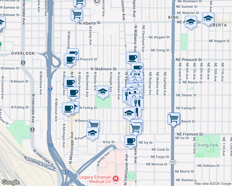 map of restaurants, bars, coffee shops, grocery stores, and more near 317 North Shaver Street in Portland