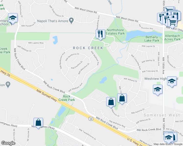 map of restaurants, bars, coffee shops, grocery stores, and more near 4600 Northwest Malheur Avenue in Portland