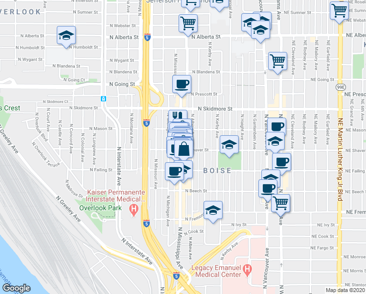 map of restaurants, bars, coffee shops, grocery stores, and more near 4000 North Mississippi Avenue in Portland