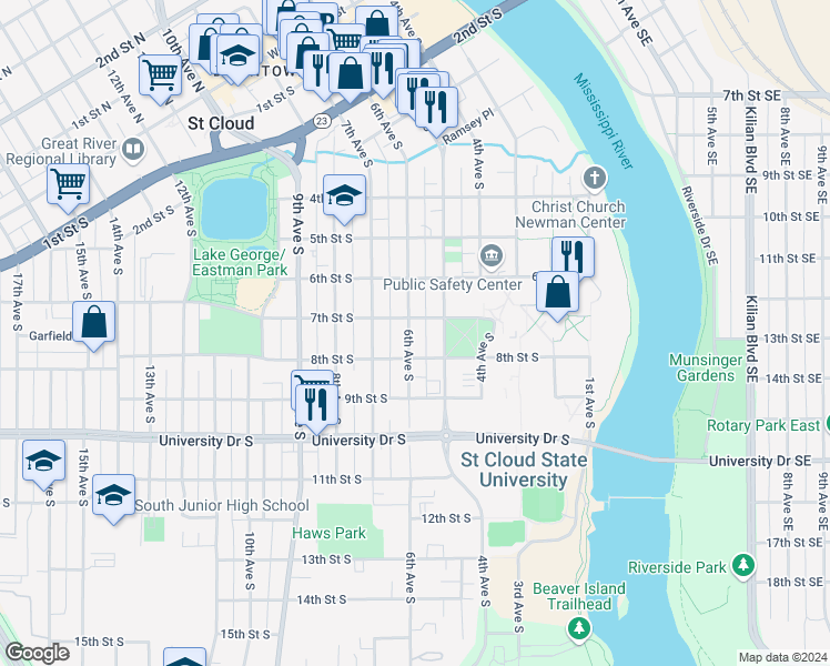 map of restaurants, bars, coffee shops, grocery stores, and more near 710 6th Avenue South in Saint Cloud