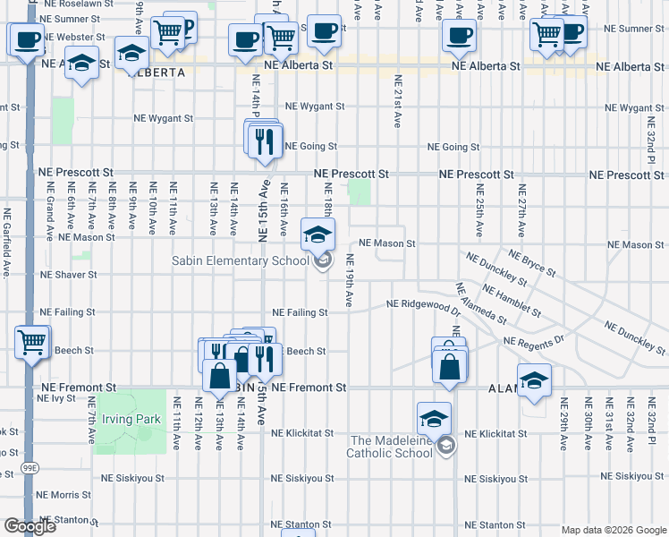 map of restaurants, bars, coffee shops, grocery stores, and more near 4013 Northeast 18th Avenue in Portland