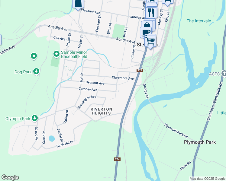 map of restaurants, bars, coffee shops, grocery stores, and more near 12 Cambey Avenue in Stellarton