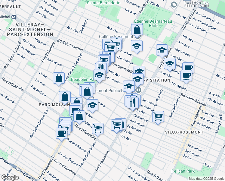 map of restaurants, bars, coffee shops, grocery stores, and more near 6300 8e Avenue in Montréal
