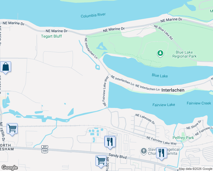 map of restaurants, bars, coffee shops, grocery stores, and more near 4066 Northeast Fairview Lake Way in Fairview