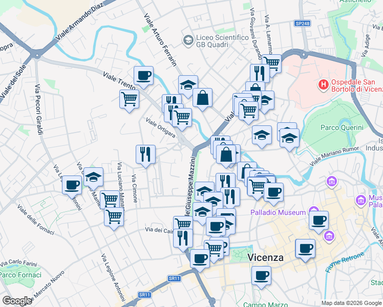 map of restaurants, bars, coffee shops, grocery stores, and more near 227 Viale Giuseppe Mazzini in Vicenza