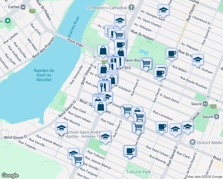 map of restaurants, bars, coffee shops, grocery stores, and more near 222 Boulevard Henri-Bourassa Est in Montréal