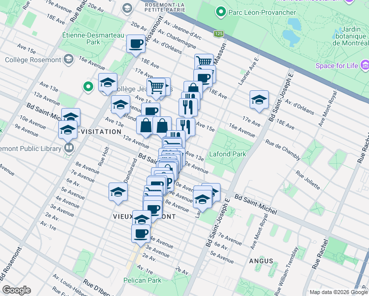 map of restaurants, bars, coffee shops, grocery stores, and more near 3430 Rue Masson in Montréal