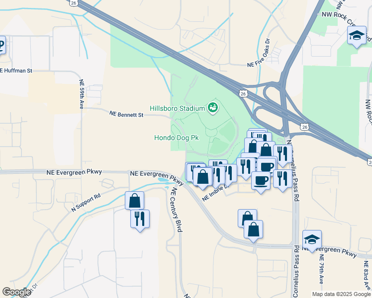 map of restaurants, bars, coffee shops, grocery stores, and more near 4460 Northwest 229th Avenue in Hillsboro