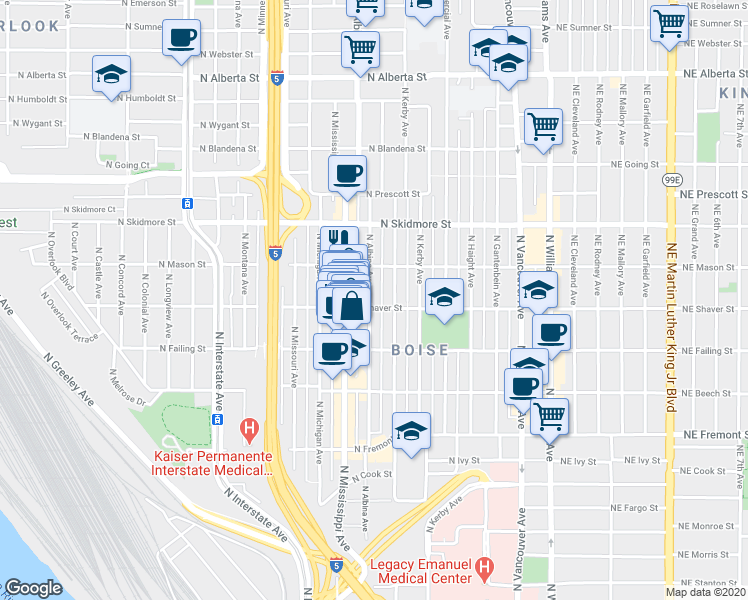 map of restaurants, bars, coffee shops, grocery stores, and more near 802 North Shaver Street in Portland