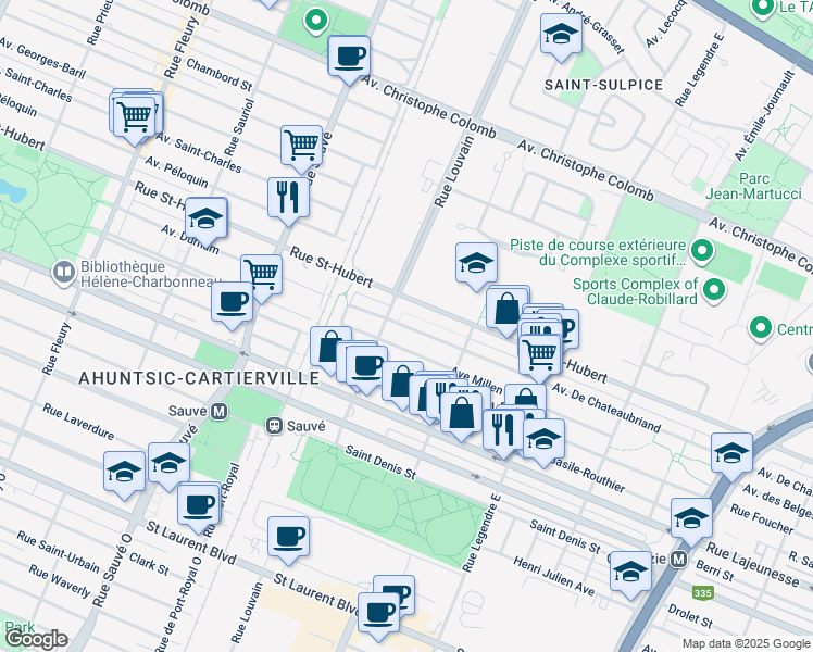 map of restaurants, bars, coffee shops, grocery stores, and more near 9455 Chateaubriand Avenue in Montreal