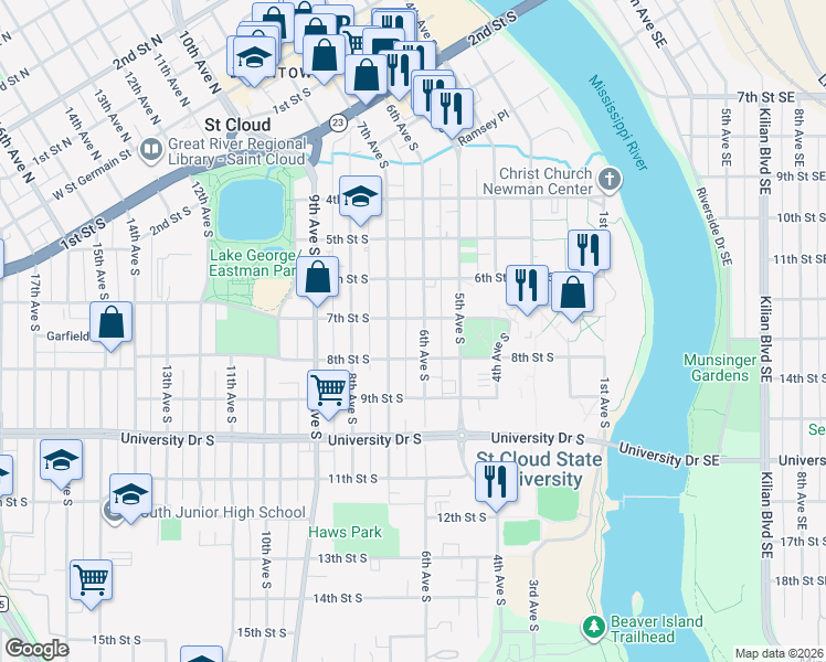 map of restaurants, bars, coffee shops, grocery stores, and more near 721 6th Avenue South in St. Cloud