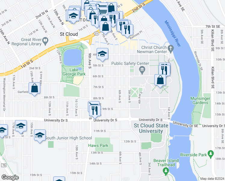 map of restaurants, bars, coffee shops, grocery stores, and more near 721 6th Avenue South in St. Cloud
