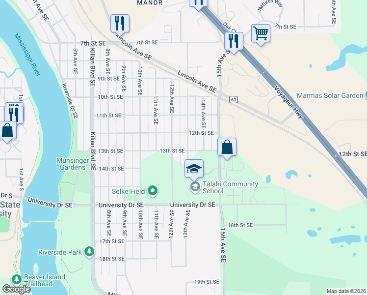 map of restaurants, bars, coffee shops, grocery stores, and more near 1200 13th Street Southeast in St. Cloud