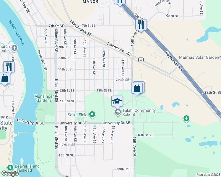 map of restaurants, bars, coffee shops, grocery stores, and more near 1200 13th Street Southeast in St. Cloud