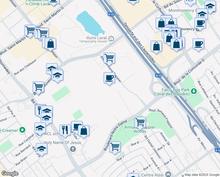 map of restaurants, bars, coffee shops, grocery stores, and more near 420 Boulevard Armand - Frappier in Laval