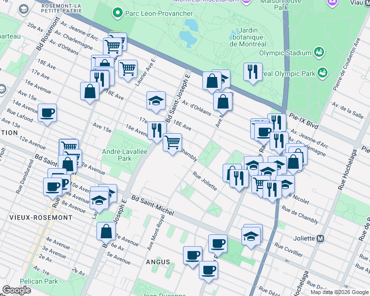 map of restaurants, bars, coffee shops, grocery stores, and more near 4609 Rue de Chambly in Montréal