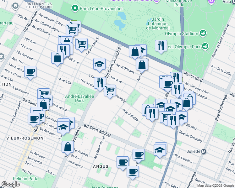 map of restaurants, bars, coffee shops, grocery stores, and more near 4609 Rue de Chambly in Montréal