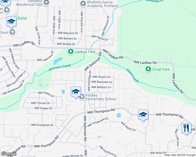 map of restaurants, bars, coffee shops, grocery stores, and more near 12774 Northwest Alsace Lane in Portland