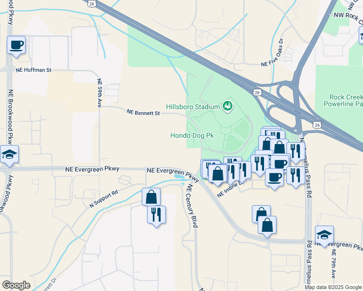 map of restaurants, bars, coffee shops, grocery stores, and more near 6775 Northeast Evergreen Parkway in Hillsboro