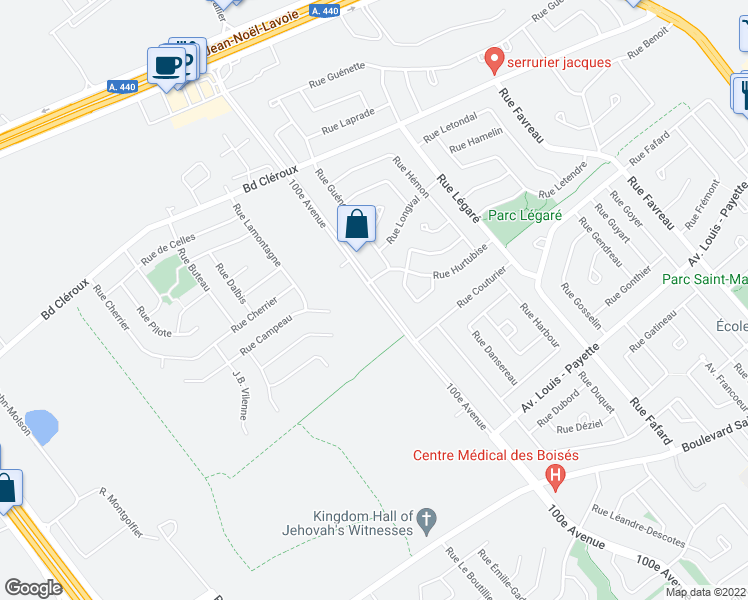 map of restaurants, bars, coffee shops, grocery stores, and more near 2314 100e Avenue in Laval
