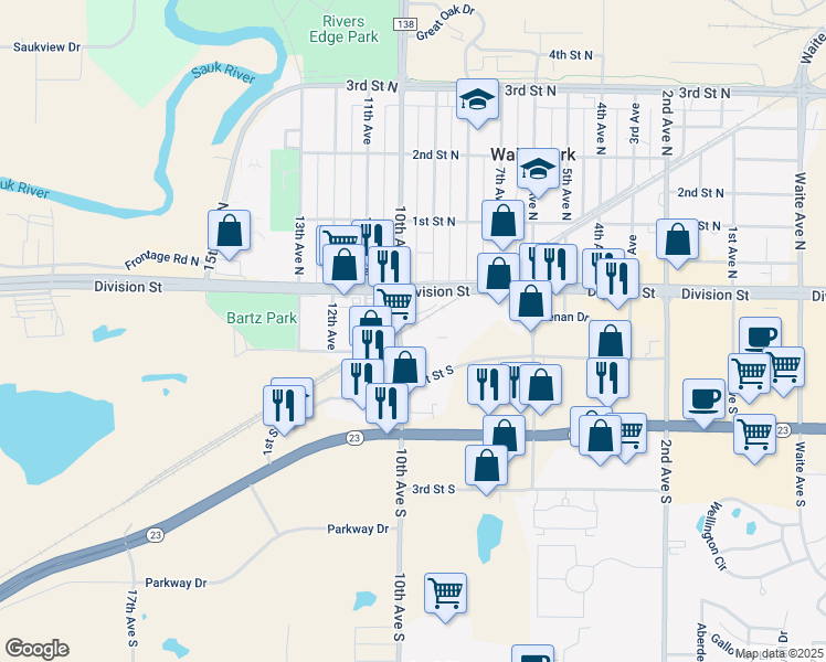 map of restaurants, bars, coffee shops, grocery stores, and more near 60-106 10th Ave S in Waite Park