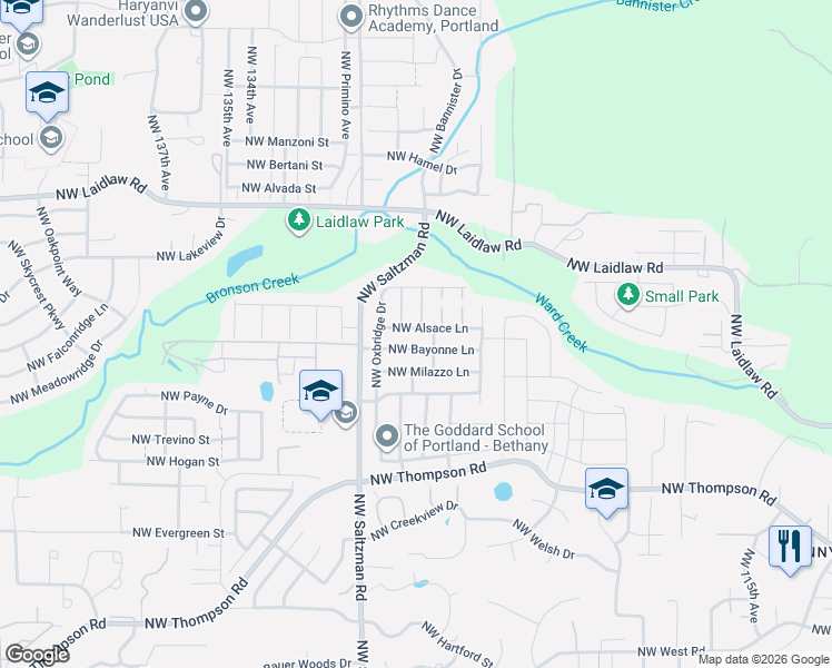 map of restaurants, bars, coffee shops, grocery stores, and more near 12774 Northwest Alsace Lane in Portland