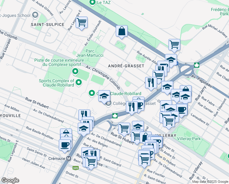 map of restaurants, bars, coffee shops, grocery stores, and more near 8560 Rue Raymond Pelletier in Montréal