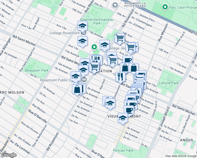map of restaurants, bars, coffee shops, grocery stores, and more near 5801 10e Avenue in Montréal
