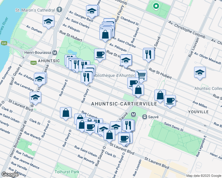 map of restaurants, bars, coffee shops, grocery stores, and more near 10106 Rue Lajeunesse in Montréal
