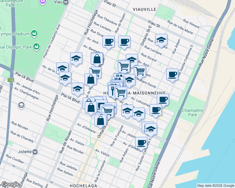 map of restaurants, bars, coffee shops, grocery stores, and more near 4285 Rue Ontario Est in Montréal